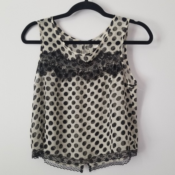 🍀 $10 3/$25! American Rag silky poly georgette sheer polka dot lace top S - Picture 8 of 8